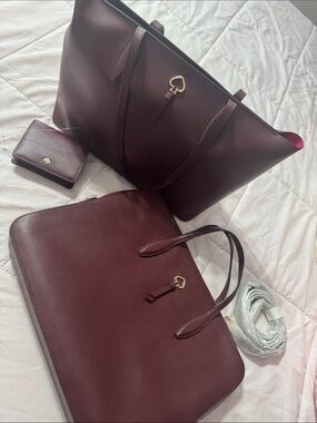 kate spade Burgundy Leather Tote and Laptop Bag Set with Gold Heart Accent